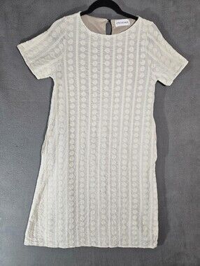Citrus Lemon Medium Shift Eyelet Ivory Midi Dress Sunflowers Keyhole Minimalist